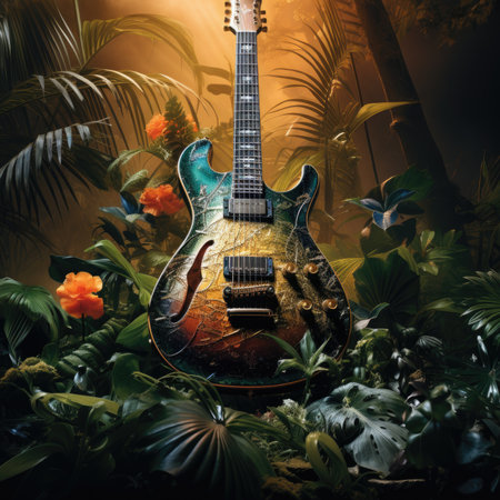 Guitar in the jungle with tropical plants.の素材