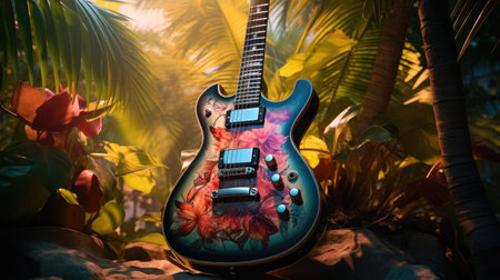 Electric guitar in the tropical garden with palm leaves and flowers on the backgroundの素材