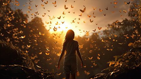 Silhouette of young woman walking on path among butterflies.の素材