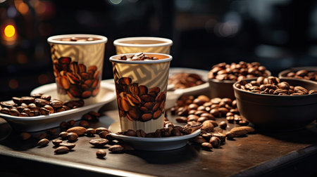 Coffee cups with coffee beans on a wooden table in a cafeの素材