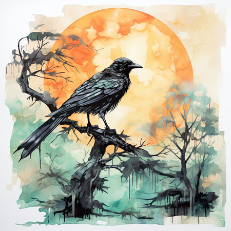 Watercolor crow sitting on a tree branch against the background of the full moonの素材