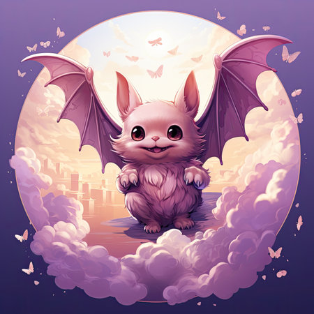 Cute cartoon bat sitting in the clouds on the background of the cityの素材