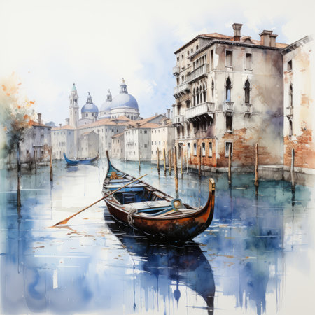 Watercolor boat in Cityの素材