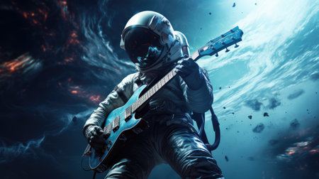 Astronaut in space suit playing the electric guitar.の素材
