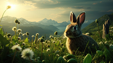 Rabbit in the meadow with dandelions and mountains in the backgroundの素材