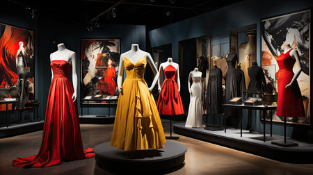 Collection of evening dresses in a shop window.の素材