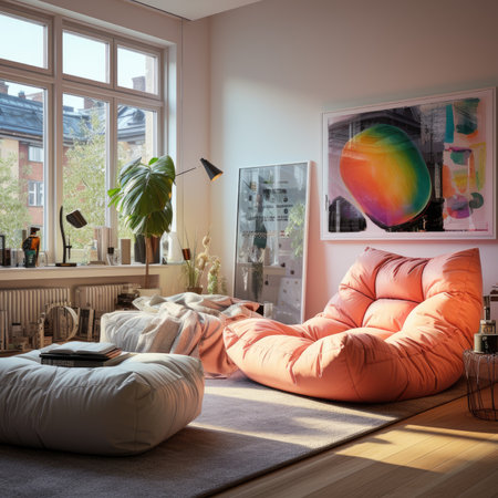 Interior of modern living room with orange sofa and coffee table.の素材