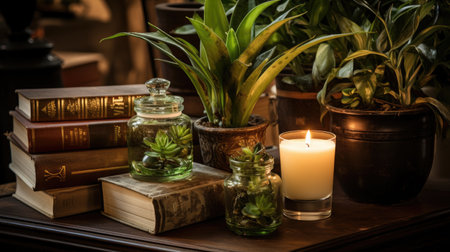 Books and candles on a shelf in a dark room with plants.の素材