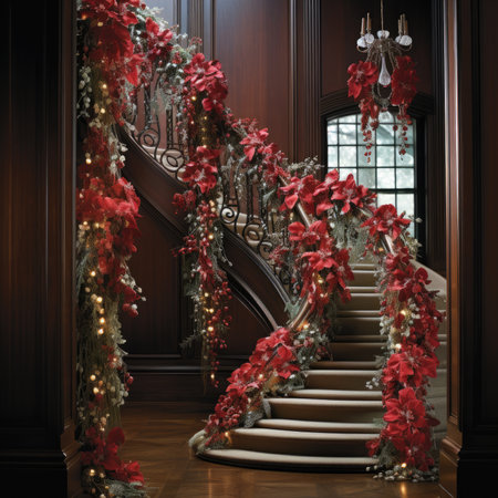 Christmas decorations on the stairs in the interior of the house.の素材