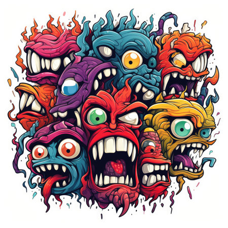 monster face with different emotions. Hand drawn doodle monsters.の素材