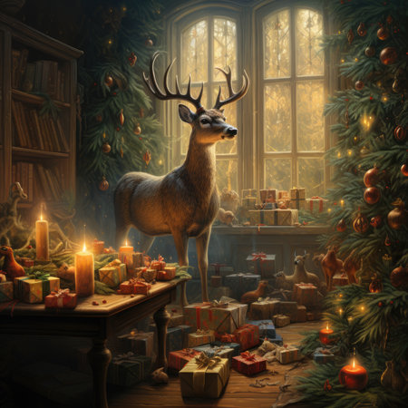Christmas scene with deer in the room with christmas tree and presentsの素材