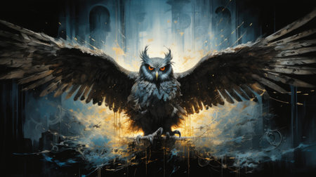 an eagle owl on a fantasy background with smokeの素材
