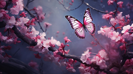 Beautiful pink cherry blossoms and butterfly on blue sky background.の素材