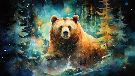 Watercolor brown bear in the forest.の素材