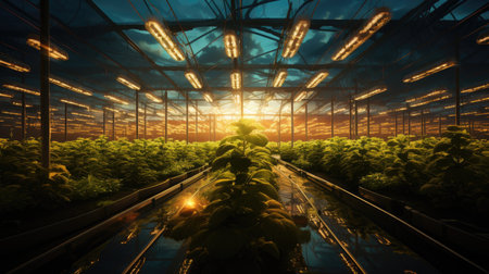 a greenhouse with rows of trees in the middleの素材