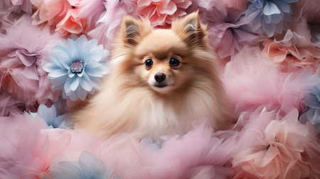 Beautiful Pomeranian dog and flowers on color background, closeupの素材