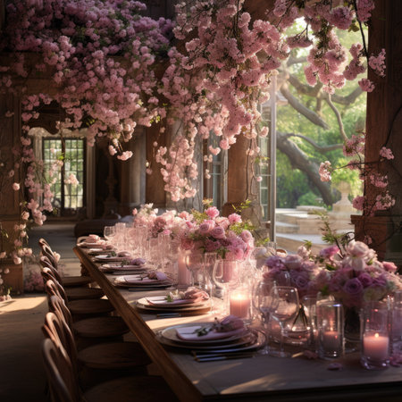 Wedding table setting with pink flowers and candles in restaurant.の素材