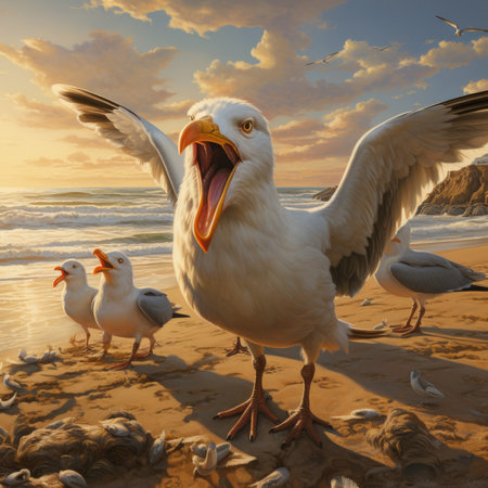 Seagulls on the beach at sunset.の素材