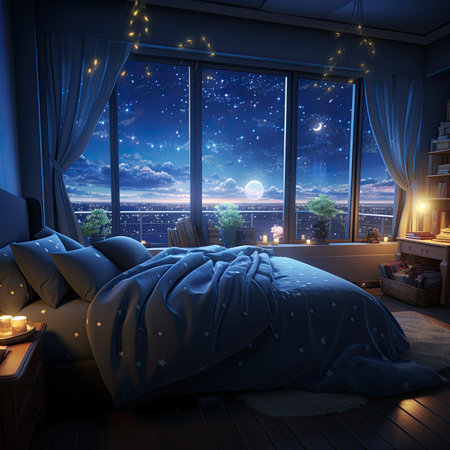 Interior of a bedroom in the night.の素材