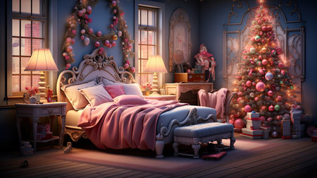 Christmas bedroom with a beautiful Christmas tree and gifts.の素材