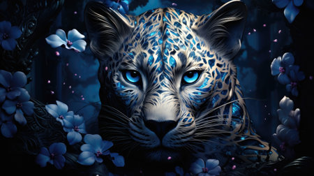 Beautiful leopard with blue eyes and flowers.の素材