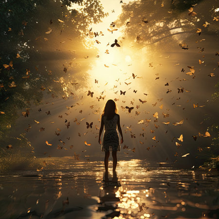 Little girl in the forest at sunsetの素材