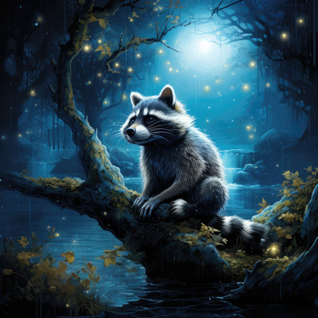 a raccoon sitting on a tree in a fantasy forestの素材