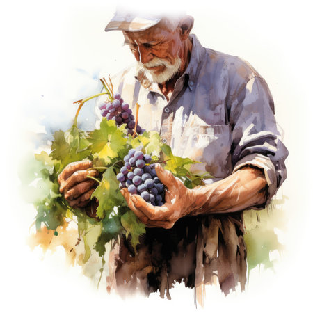 Watercolor Grapes in the hands of a farmer.の素材