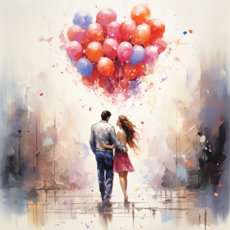Young couple in love with colorful balloons in the city.の素材