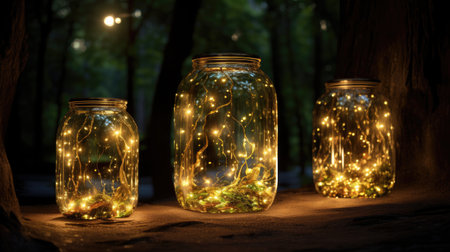 Three empty glass jars with glowing lights inside in the forest at nightの素材