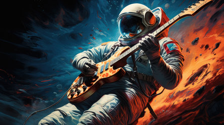 Astronaut playing the electric guitar in space.の素材