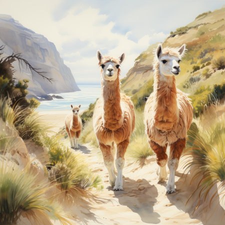 Watercolor Three alpaca in the desert.の素材
