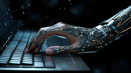 Cyborg hand typing on laptop keyboard on dark backgroundの素材