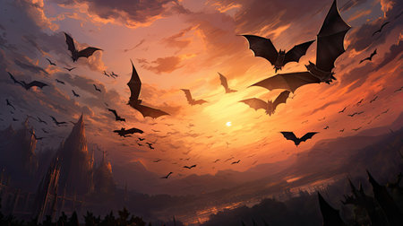 Halloween background with bats flying in the skyの素材