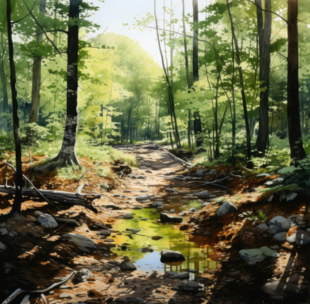 Watercolor painting of a path in the forest. Landscape design.の素材