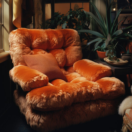 Cozy orange armchair with cushions and pillows in cozy living roomの素材