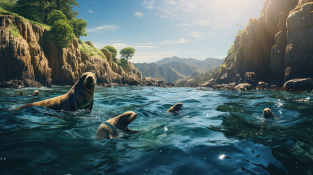 Sea lions in the sea.の素材