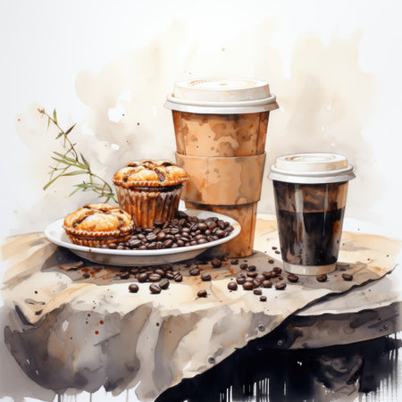 Coffee cup and muffin with coffee beans on the tableの素材