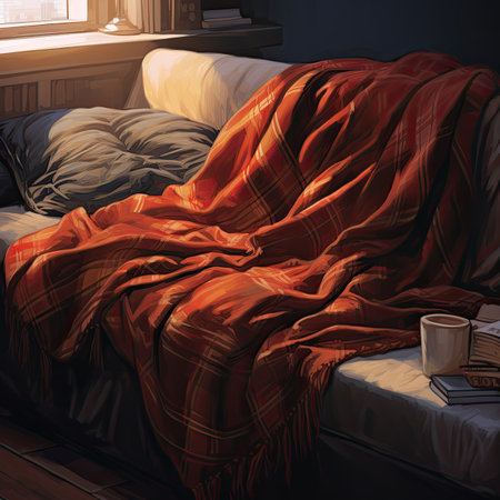 Comfortable bed with a blanket and a cup of coffee.の素材