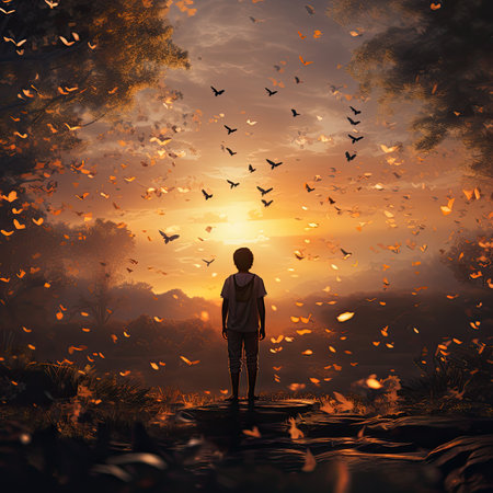 Little boy looking at a flock of birds flying in the sky.の素材