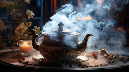 Tea ceremony. Teapot and cup of hot tea on dark background with smoke.の素材