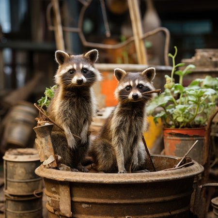 Raccoons sitting in a pot on the street of Cityの素材