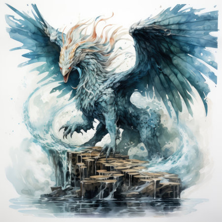 Watercolor eagle on a wooden platform in the sea.の素材
