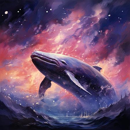 Fantasy whale in the sea at night.の素材