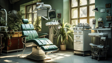 Interior of a dental clinic with dentists chair and equipment.の素材