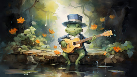 Cartoon illustration of a little frog playing the guitar in the forestの素材