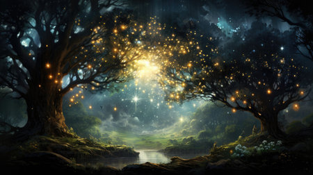 Mysterious dark forest with glowing stars.の素材