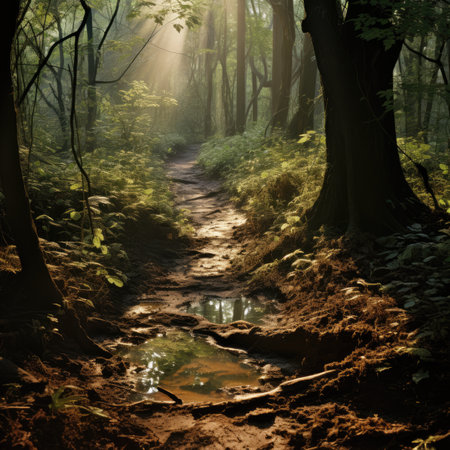 Beautiful morning in the forest with path and sunbeams.の素材