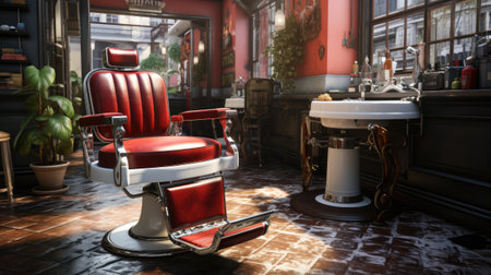 Barber shop interior with red chair. Vintage barber shop.の素材