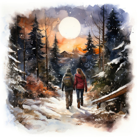 Watercolor Young couple walking in winter forest at sunset.の素材